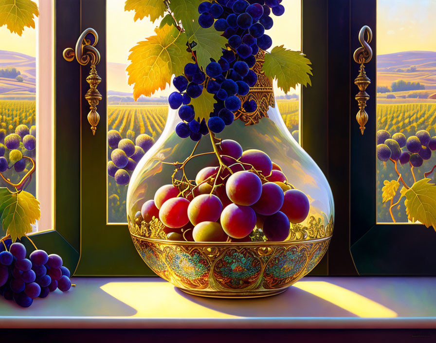 Still life painting of grapes in bowl with vineyard landscape backdrop