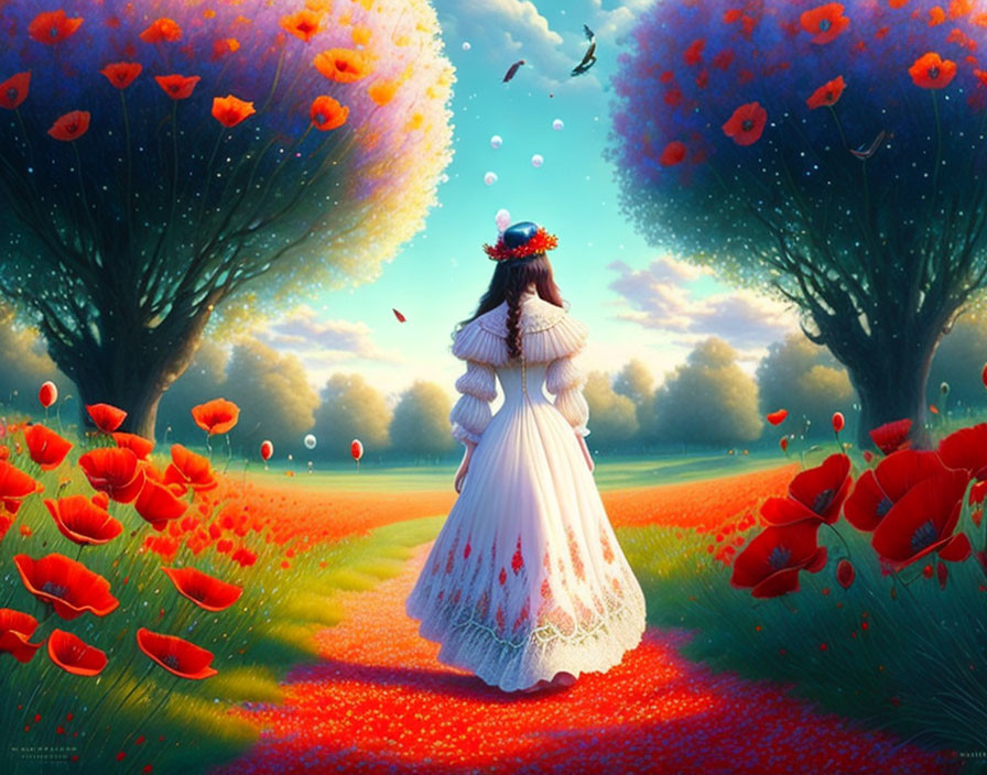 Girl in White and Red Outfit Surrounded by Red Poppies in Vibrant Field