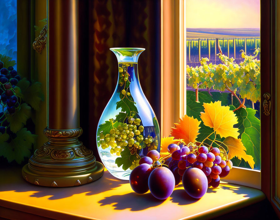 Colorful Still Life Painting with Clear Vase, Grapes, and Vineyard View