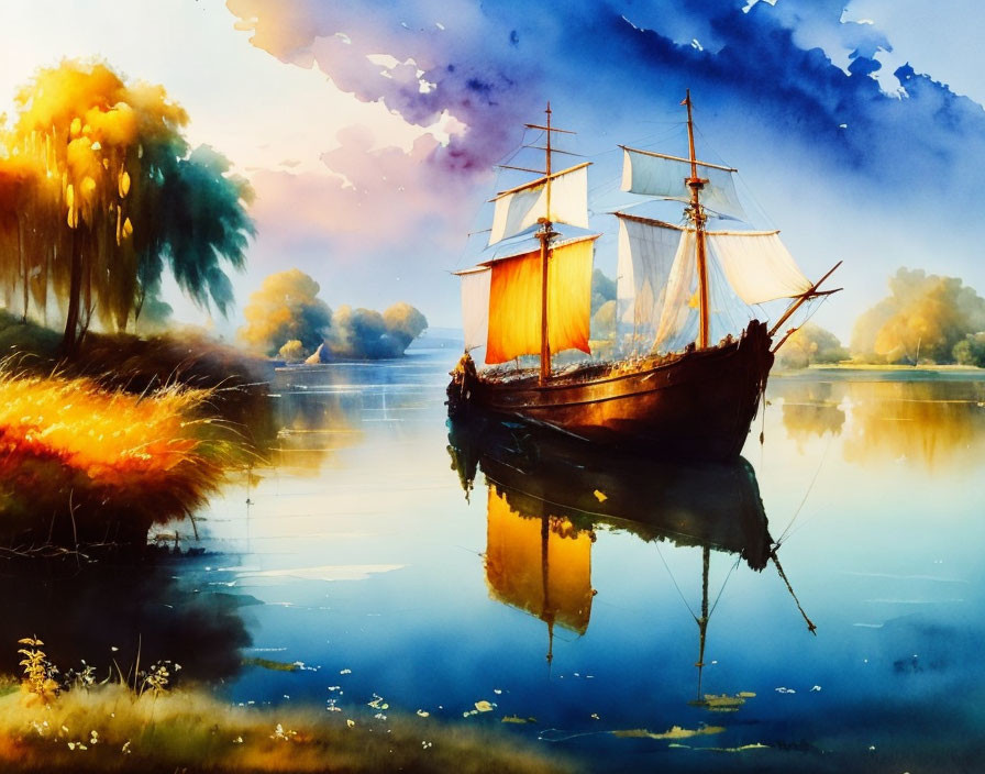 Colorful Watercolor Painting of Sailboat on Calm Waters