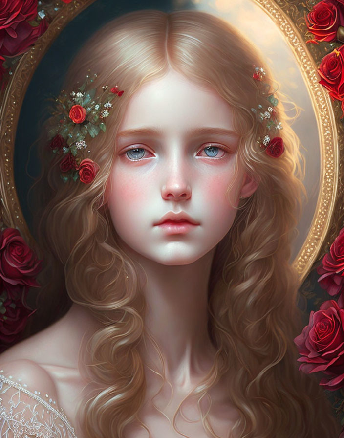 Digital Portrait: Young Woman with Golden Hair and Flowers