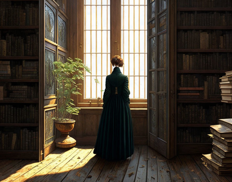 Woman in green dress in sunlit vintage library with tall bookshelves