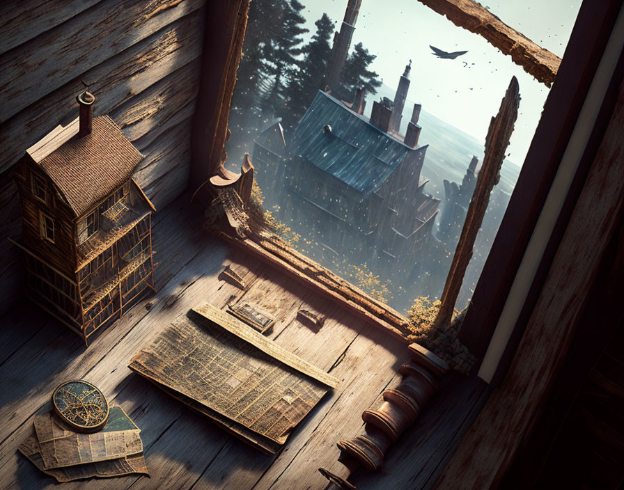 Rustic attic with miniature wooden house, vintage maps, compass, old book, and distant view