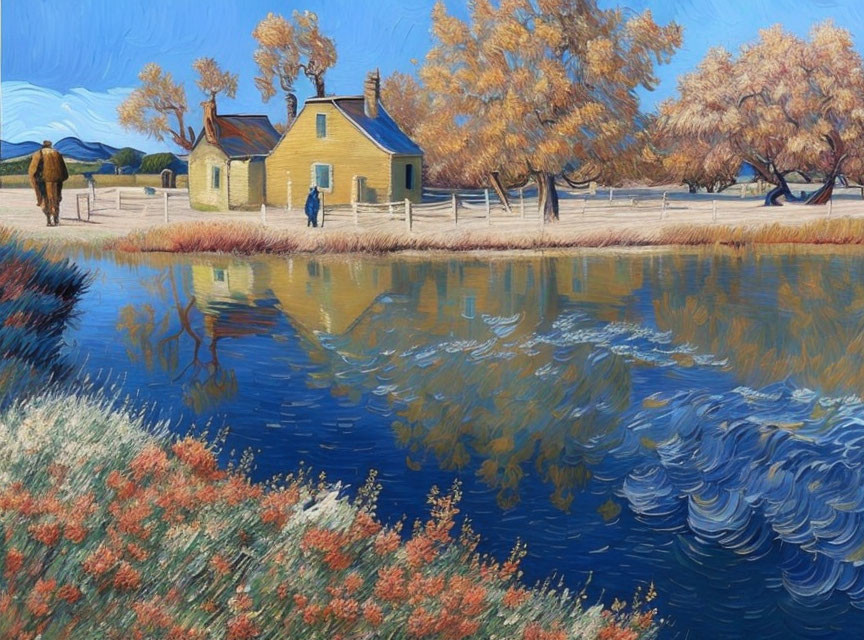 Autumn landscape painting with reflection of trees and yellow house on blue water.