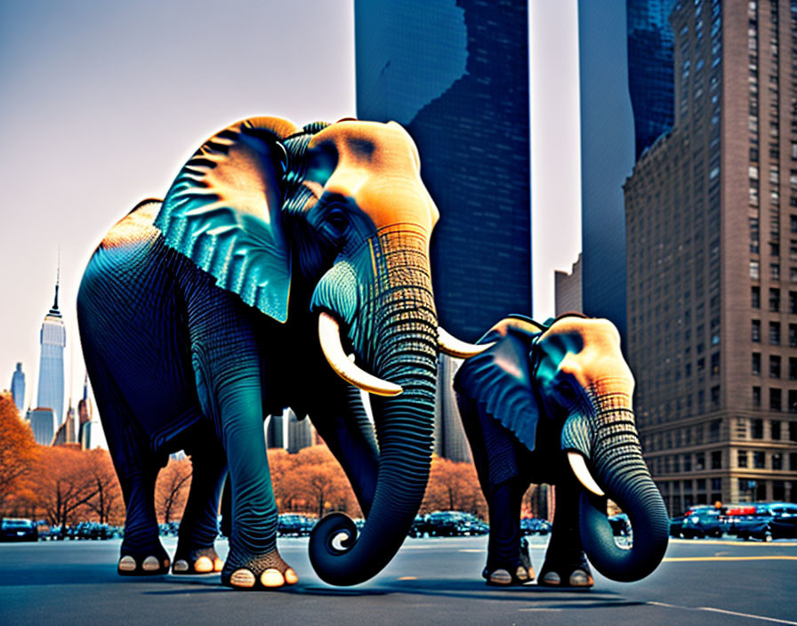 Surreal urban scene: two elephants on city street with skyscrapers