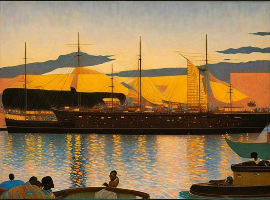 Large Ship Painting: Sunset Harbor Scene with Rowboats