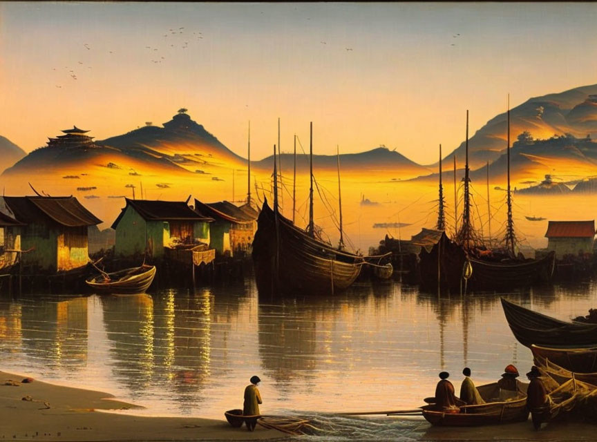 Tranquil Sunset Waterside Scene with Silhouetted Boats, Golden Hues, and