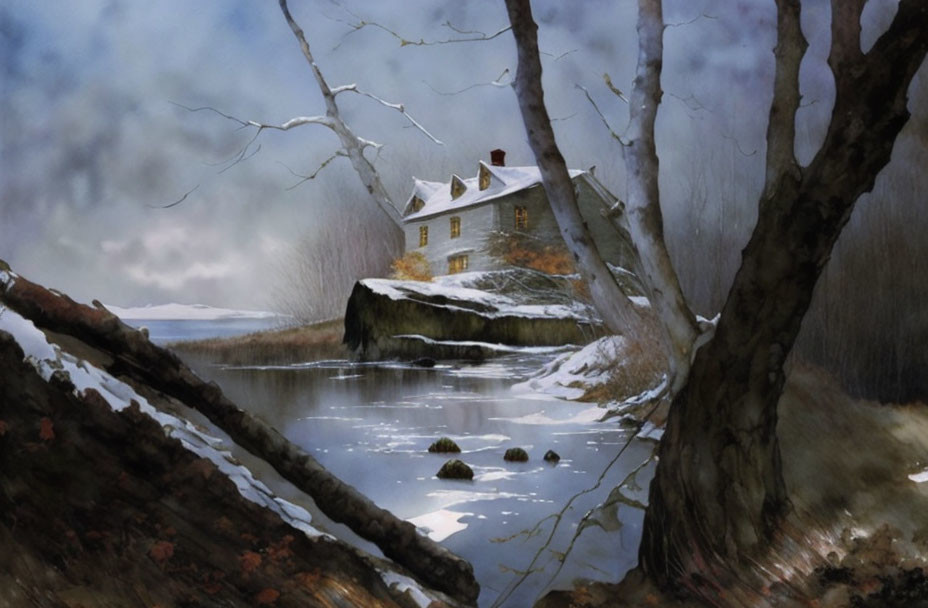 Winter landscape: solitary house among bare trees by frozen river