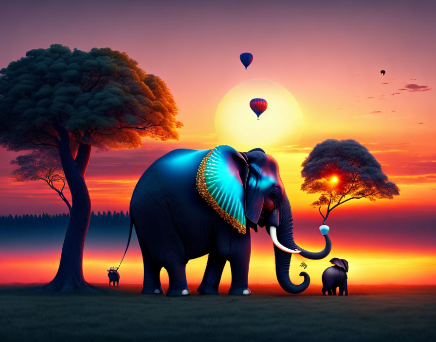 Glowing lights adorn elephants at sunset with hot air balloons in vivid landscape