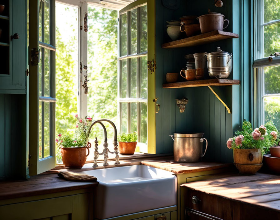 Vintage Utensils and Flowers in Cozy Kitchen Corner