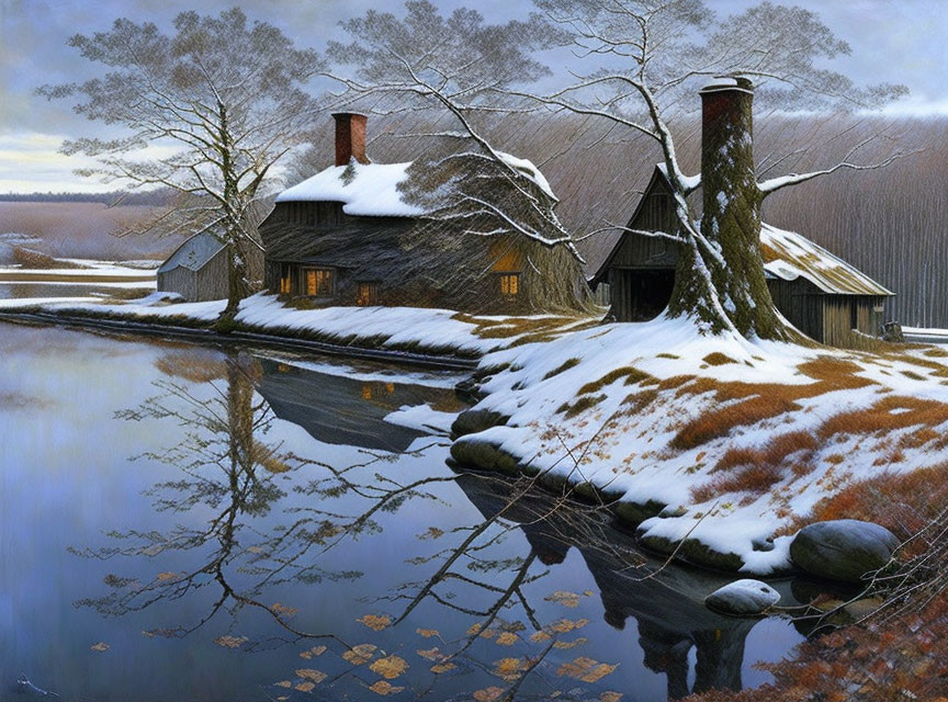 Winter scene: Wooden cabin by snowy lake with stone chimney & bare trees