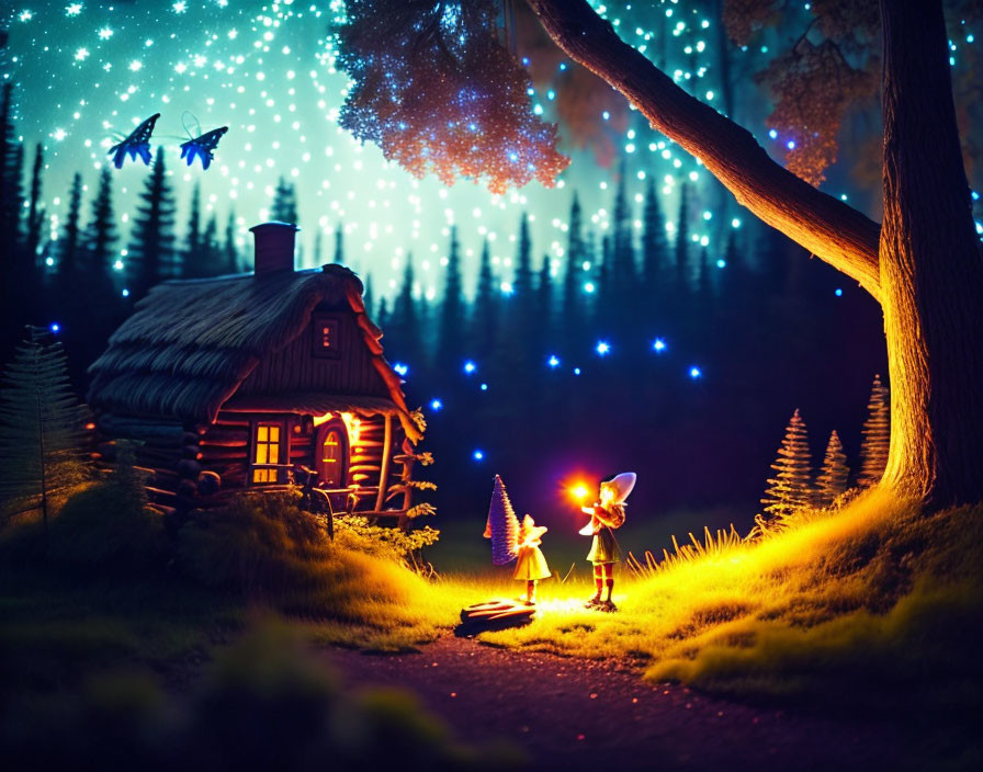 Enchanting night scene with glowing fairies by thatched cottage