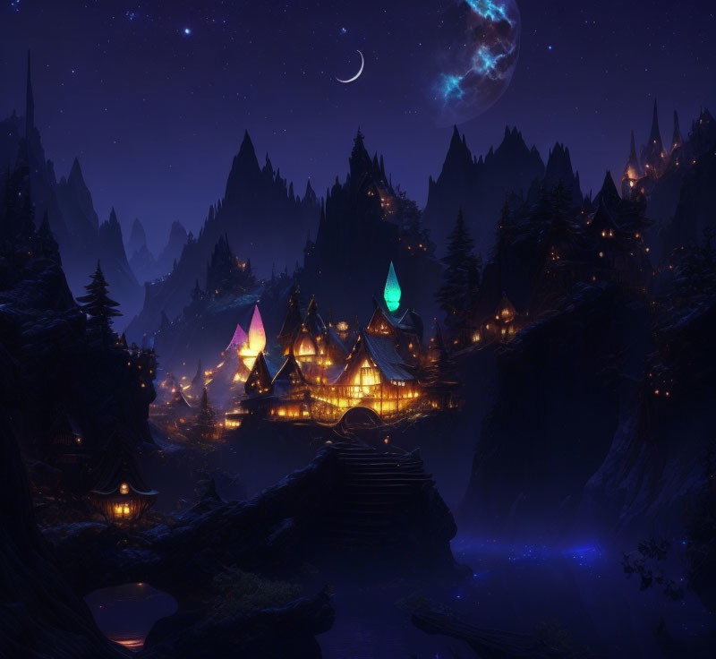 Mystical nocturnal landscape with fantasy-style houses and starry sky