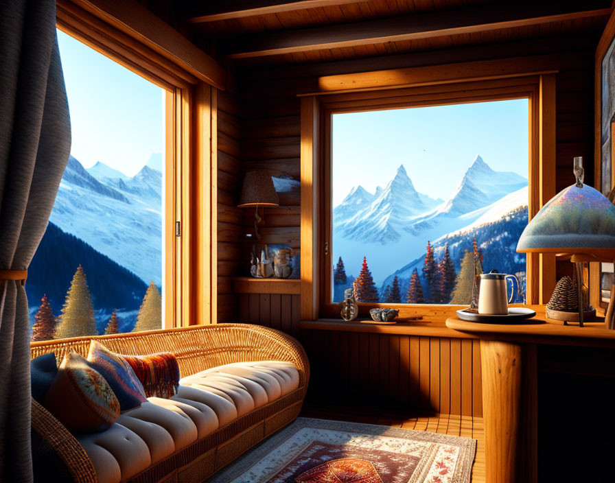 Rustic cabin interior with snowy mountain view and cozy decor