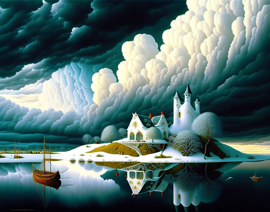 Surreal painting of castle-like structure on island with dramatic clouds