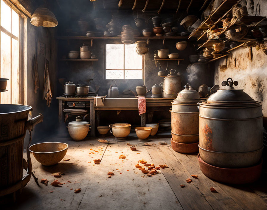 Sunlit Rustic Kitchen with Pots, Pans, Utensils, and Dry Leaves