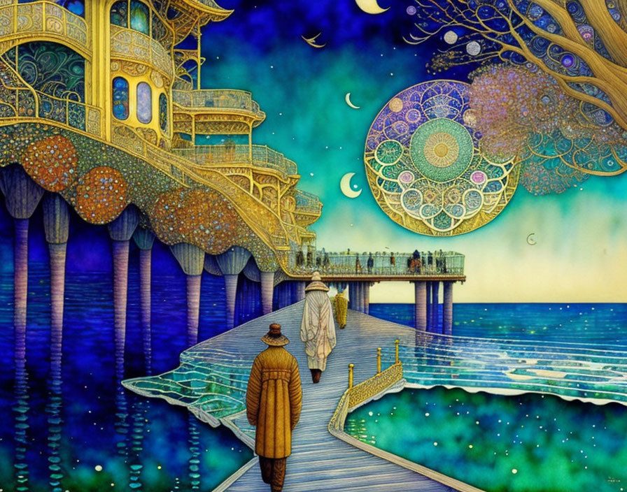 Illustration of two people near golden structure by blue water at night