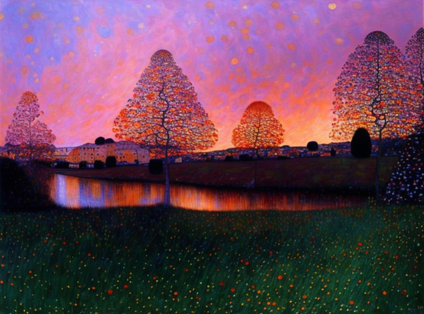 Colorful sunset painting with purple sky, orange hues, and scenic landscape.