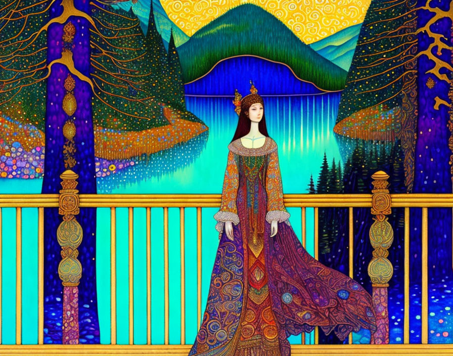 Detailed Medieval Woman Illustration on Balcony with Vibrant Landscape