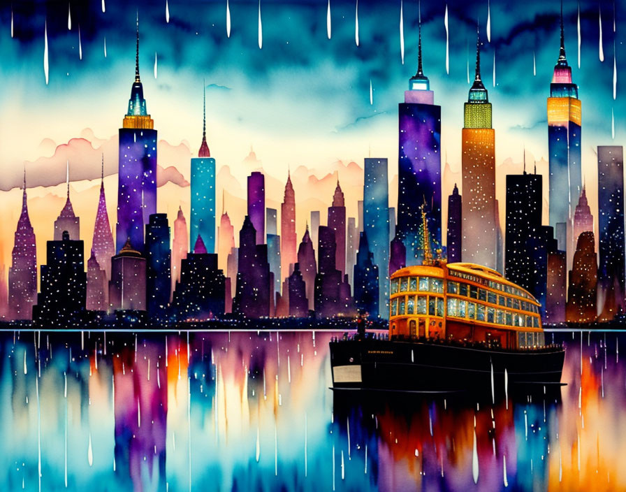 Colorful city skyline with reflective water and vintage boat in vibrant artwork