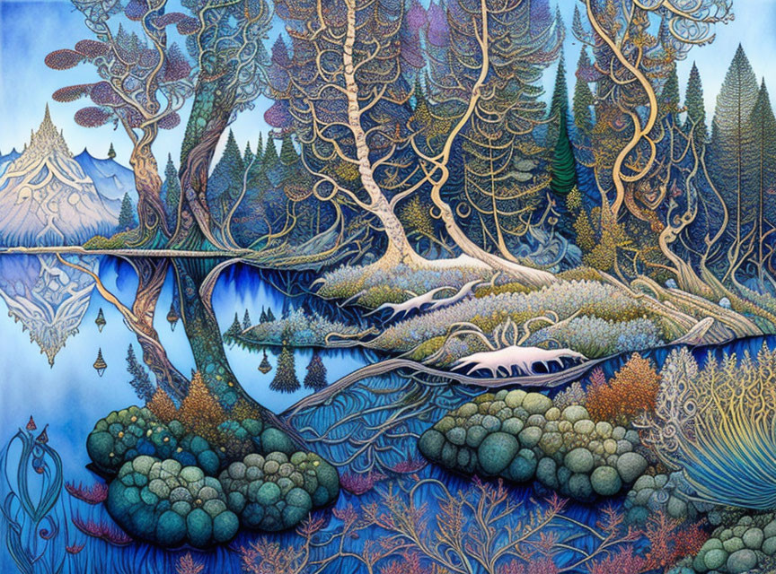 Fantasy art: Vibrant forest landscape with reflective river