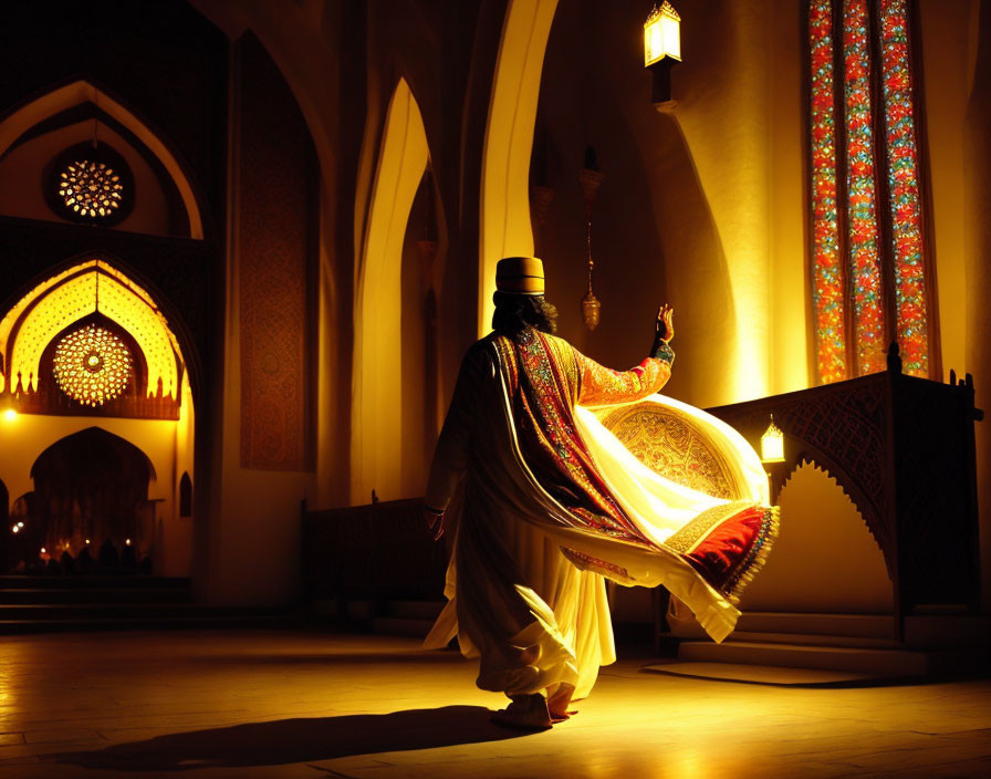 Colorful Traditional Attire Dance in Dimly Lit Mosque