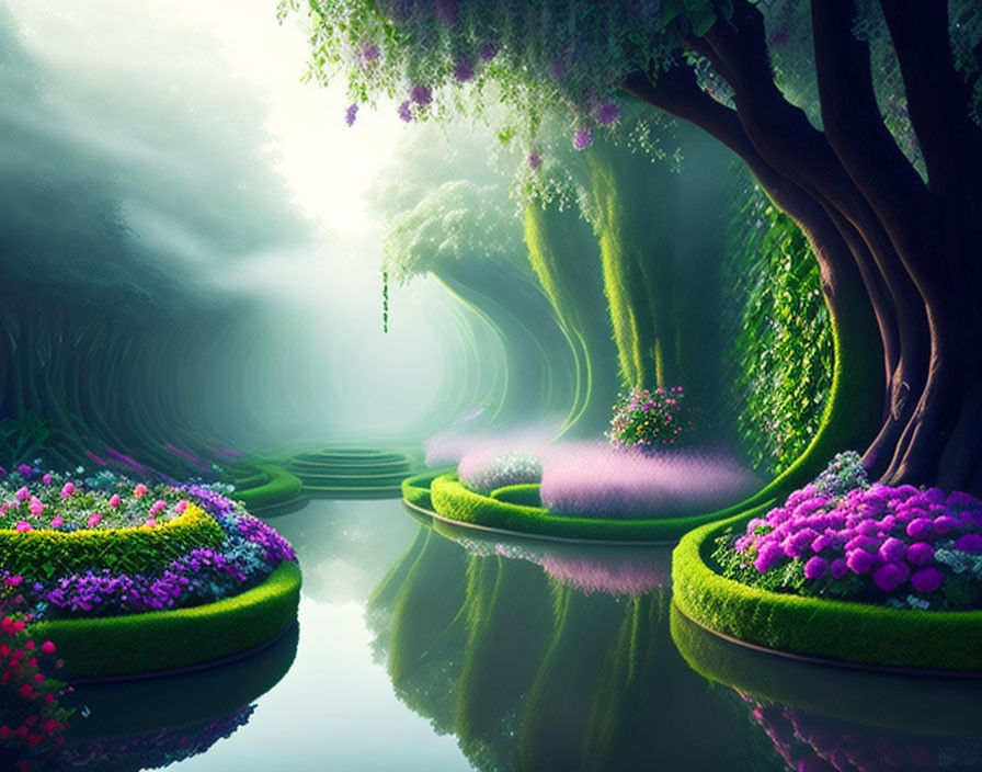 Tranquil fantasy landscape with vibrant flowers and mystical trees