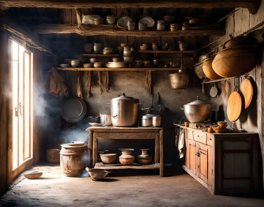 Rustic kitchen with pots, pans, pottery, utensils, and sunlight