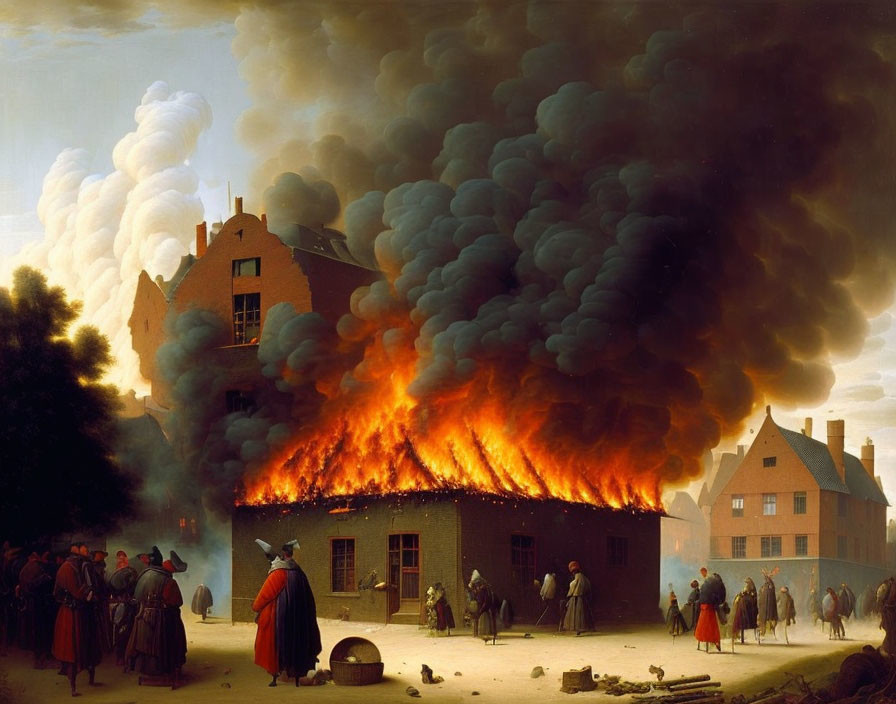 Historical painting of large building on fire with billowing smoke and distressed onlookers