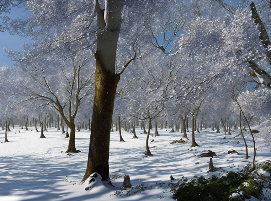 Snowy Landscape with Sunlit Frosty Trees in Clear Blue Sky