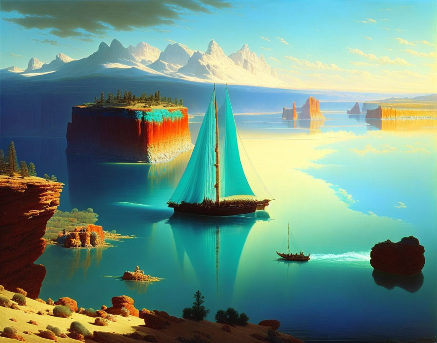 Fantasy landscape with tall ships, serene waters, towering cliffs