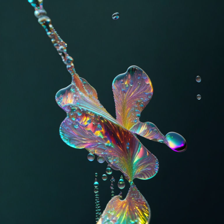 Colorful iridescent soap bubble film close-up on dark background with suspended liquid beads