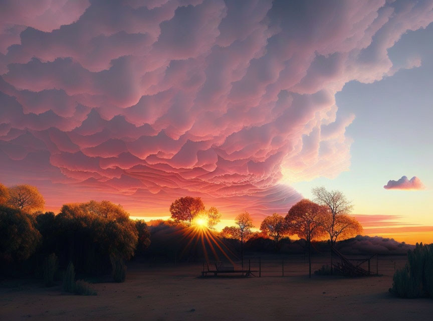 Vibrant sunset illuminating serene landscape with mammoth cloud formations and wooden structure