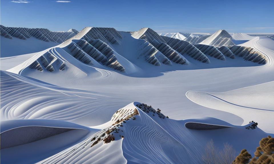 Bright Blue Sky Over White Sand Dunes with Wavy Patterns