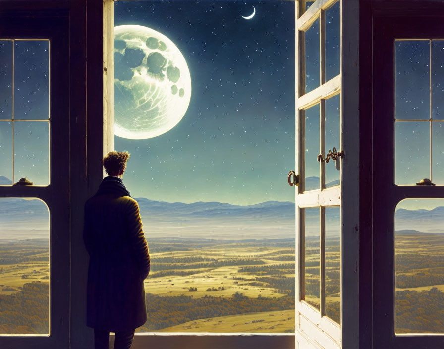 Person gazes at vast moonlit landscape from open window