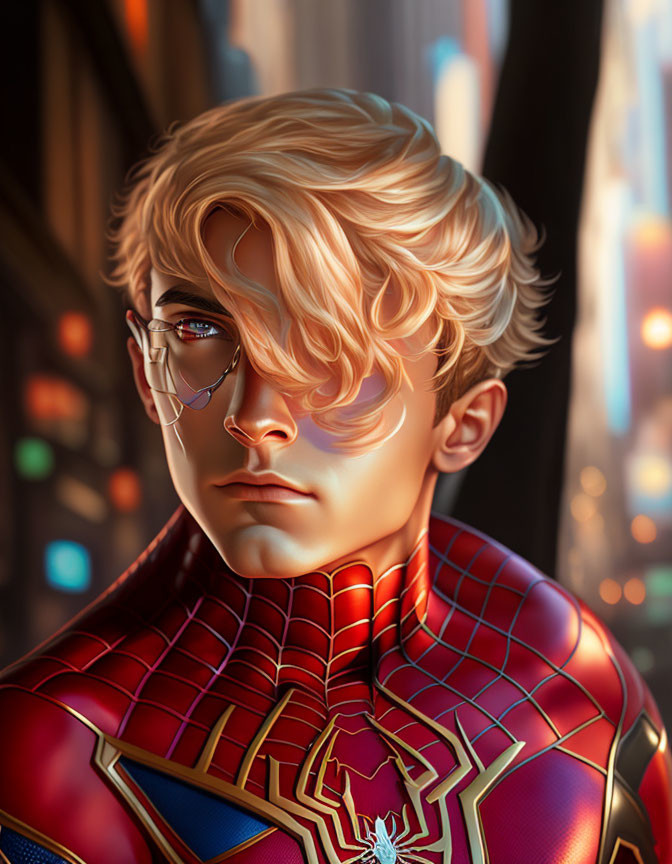 Digital artwork of young male in Spider-Man suit with blonde hair and glasses, gazing at city lights