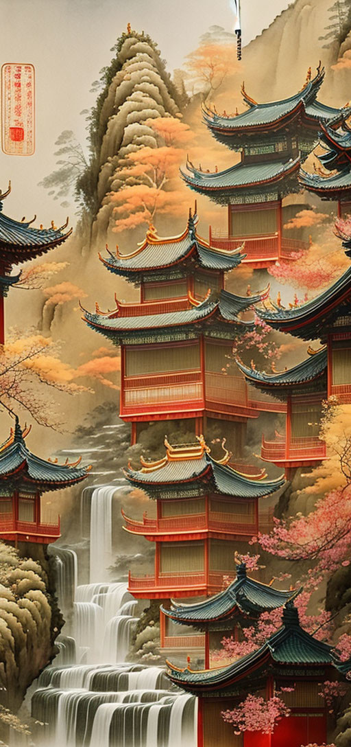 Asian Pagoda Buildings Surrounded by Autumn Trees and Waterfalls