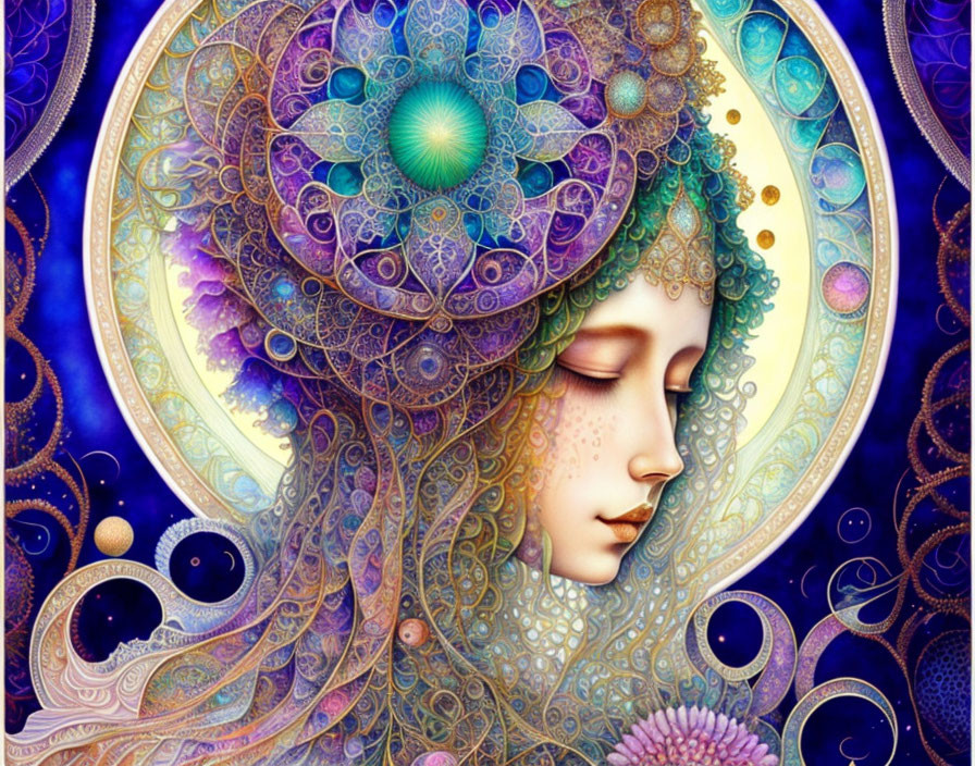 Colorful illustration of serene woman with cosmic motifs in hair.