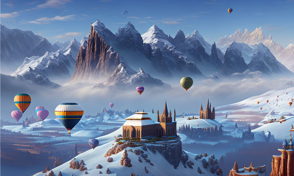 Majestic snow-capped mountains, hot air balloons, whimsical castles in fantasy winter scene