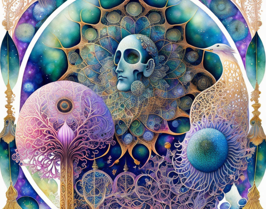 Psychedelic artwork with humanoid figure, peacock motifs, and cosmic backdrop