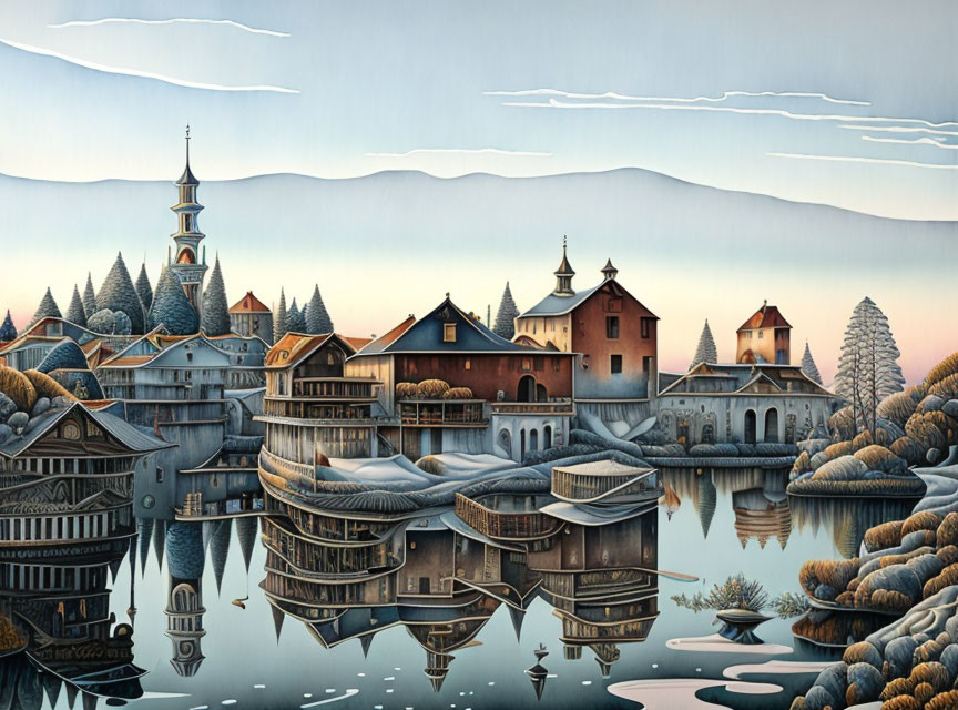 Tranquil European-style village reflected on calm lake at dawn or dusk