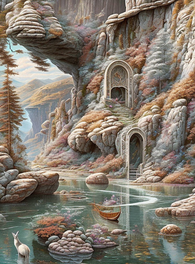 Fantasy landscape with mystical doorway, lush flora, pond, rowboat, and white stag