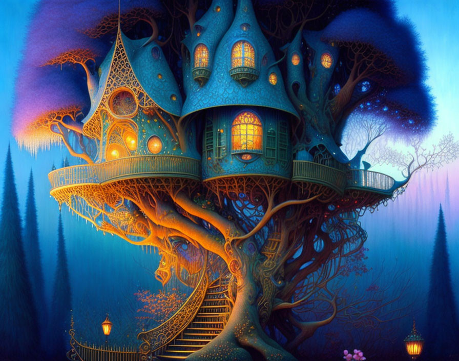 Glowing windows treehouse in mystical blue forest