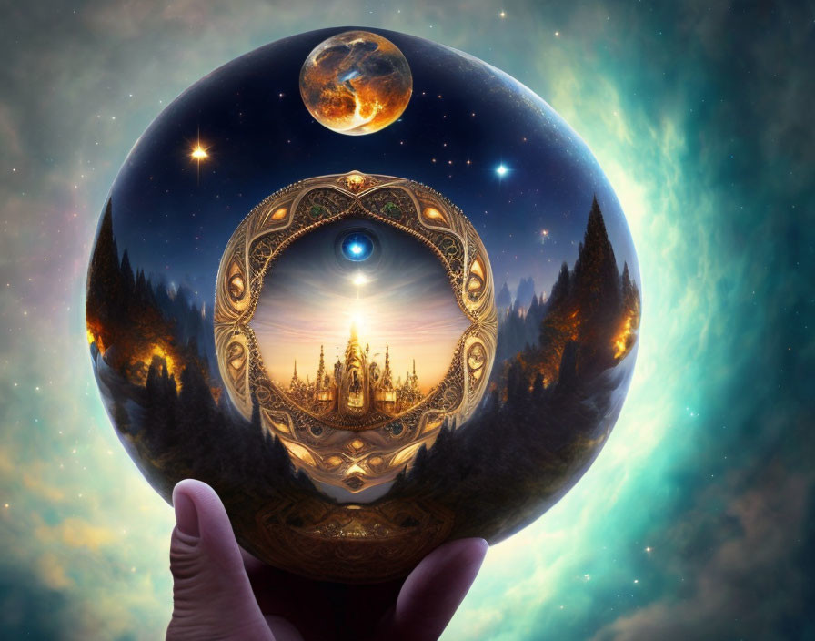 Crystal ball reflecting fantastical castle in moonlit sky over pine forest