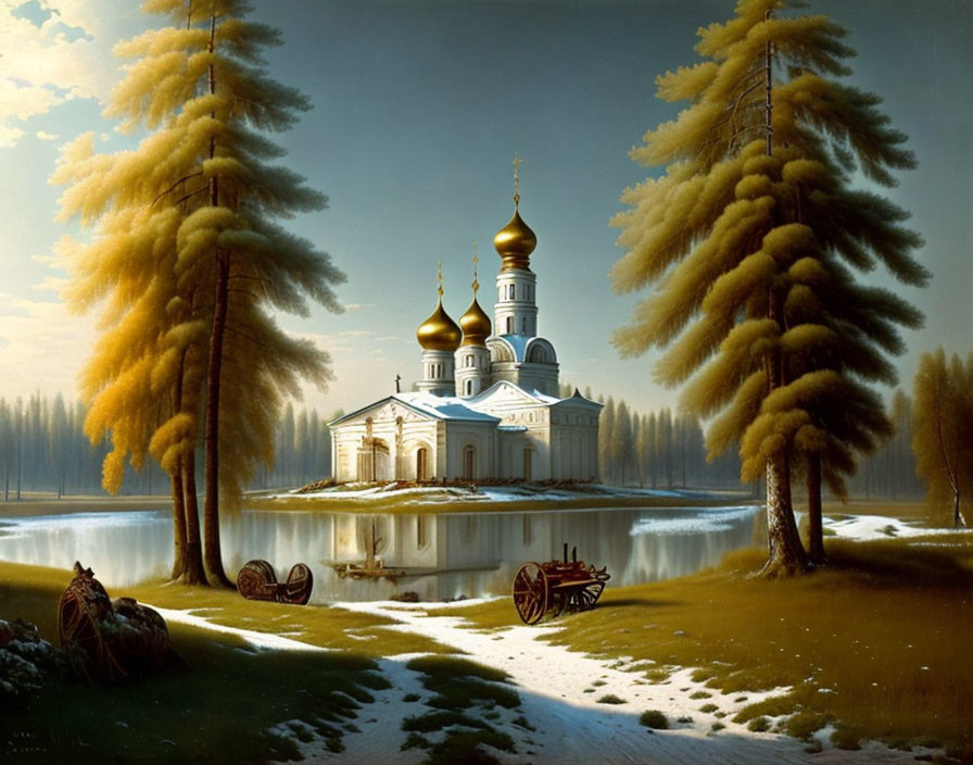 Tranquil painting of church with golden domes by reflective lake