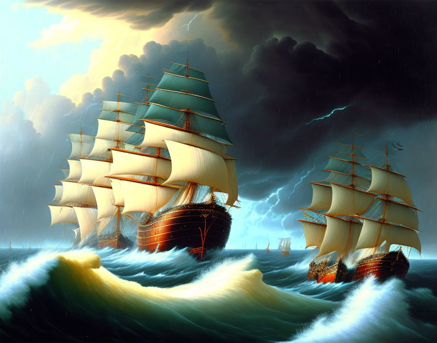 Stormy Seascape: Tall Ships with Full Sails in Dramatic Setting