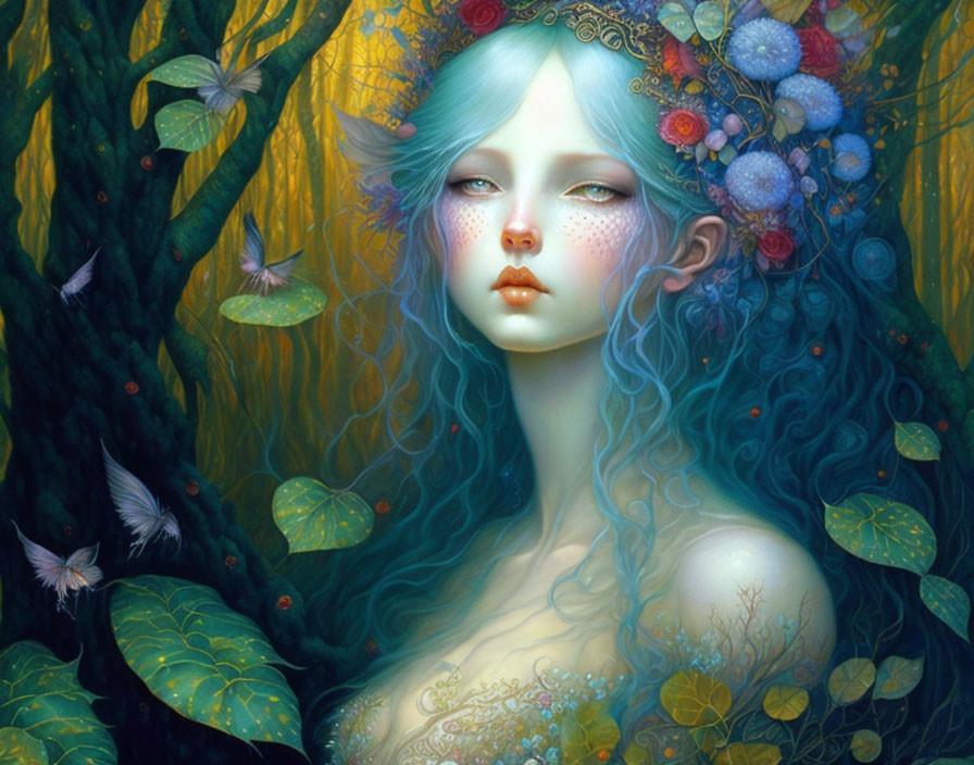 Blue-Haired Figure with Flower Crown Surrounded by Butterflies in Forest