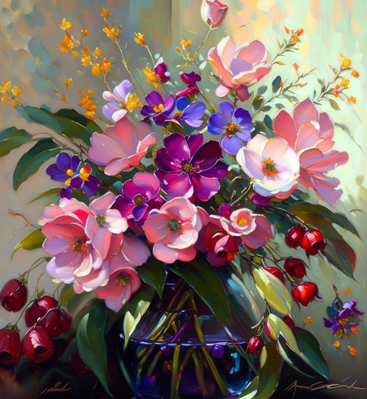 Colorful Floral Arrangement Oil Painting with Pink and Purple Flowers