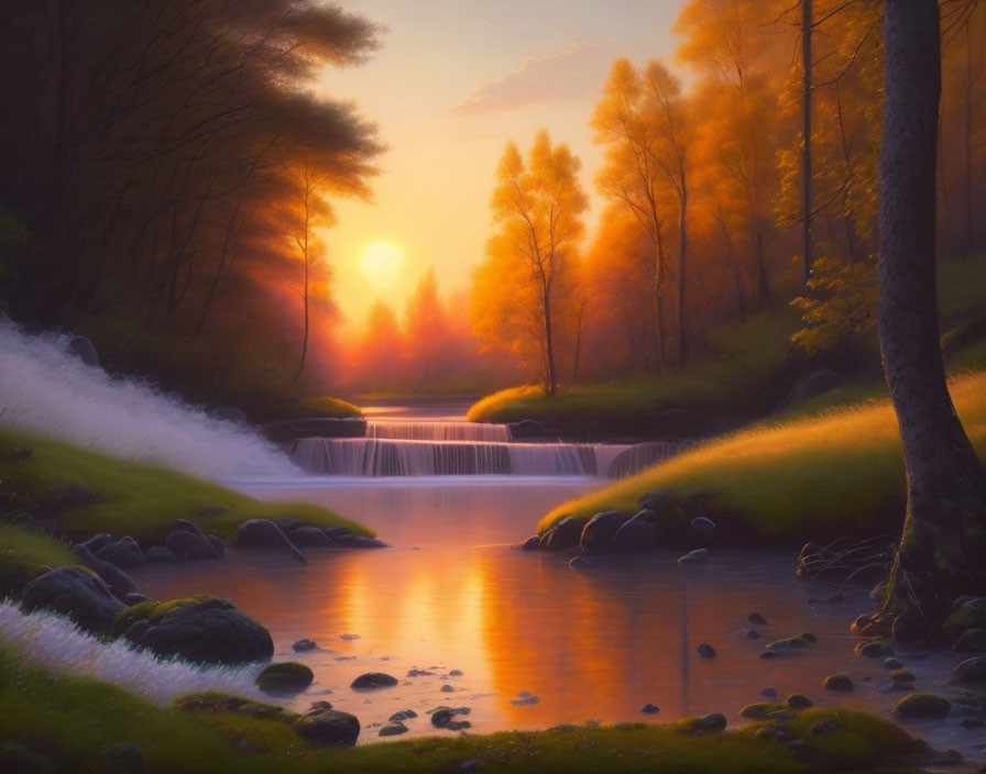 Tranquil sunset landscape with cascading waterfall and autumn trees