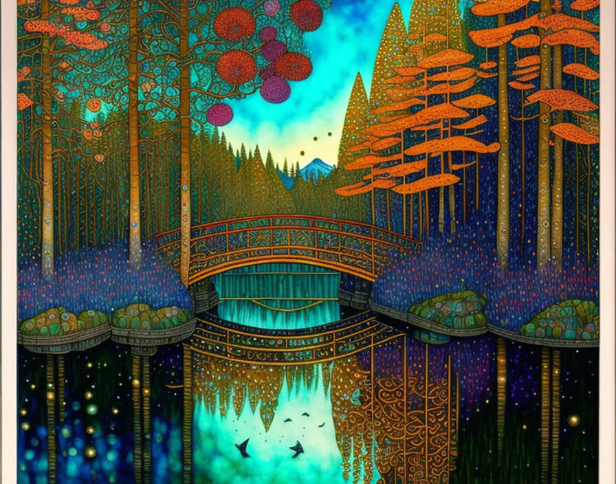 Colorful Forest Illustration with Ornate Bridge, River, Starry Skies, Fish, and